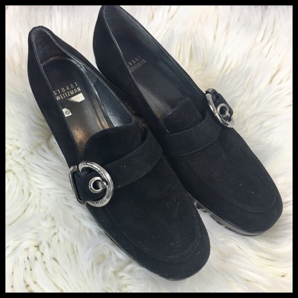 Stuart Weitzman Black Suede Buckle Loafers Sz 7.5 - Picture 6 of 8